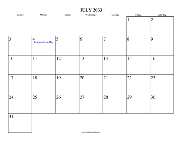 July 2033 Calendar