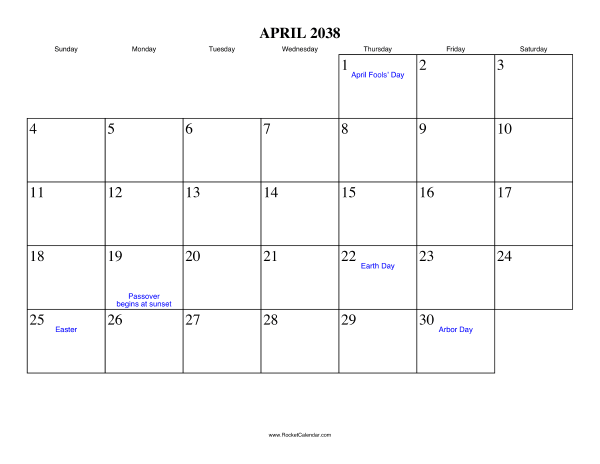 April 2038 Calendar