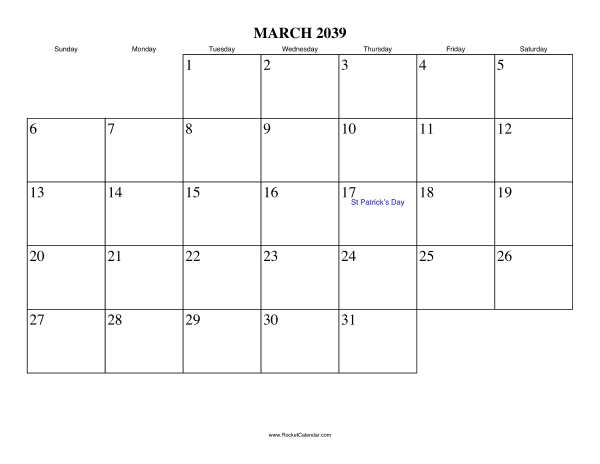 March 2039 Calendar