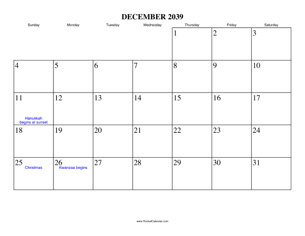 December 2039 Calendar