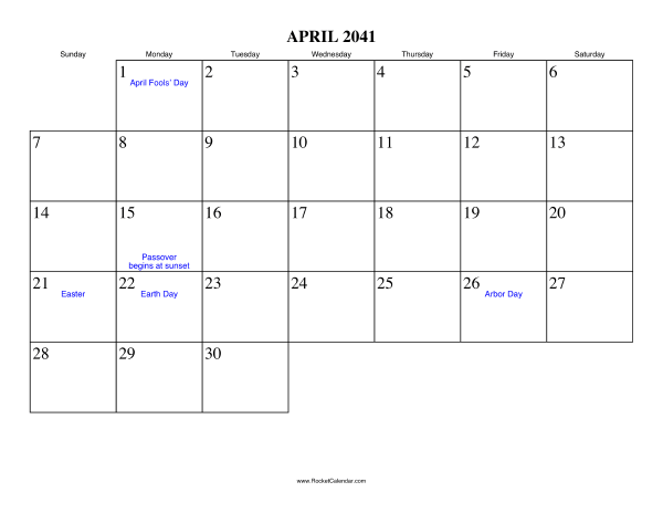 April 2041 Calendar