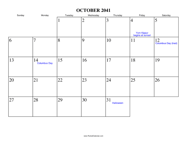 October 2041 Calendar