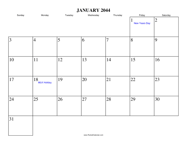 January 2044 Calendar