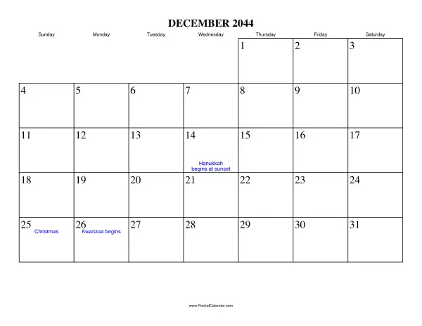 December 2044 Calendar