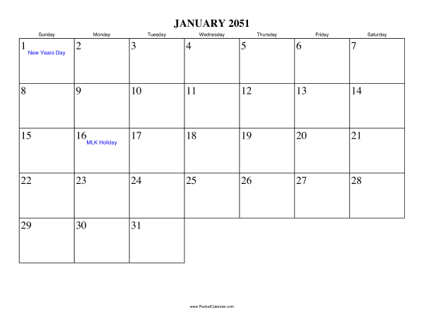 January 2051 Calendar