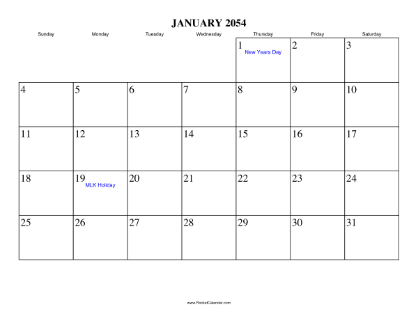 January 2054 Calendar