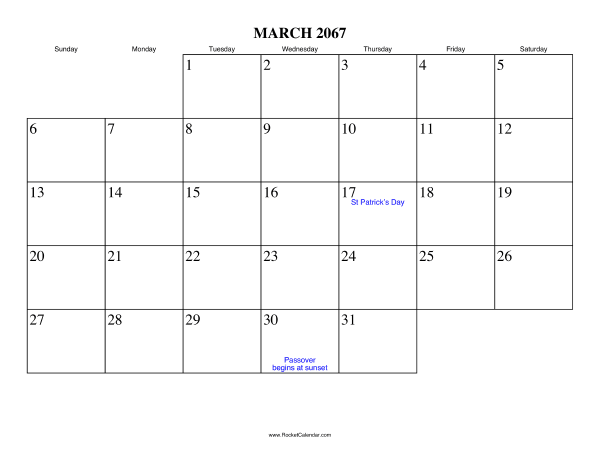 March 2067 Calendar