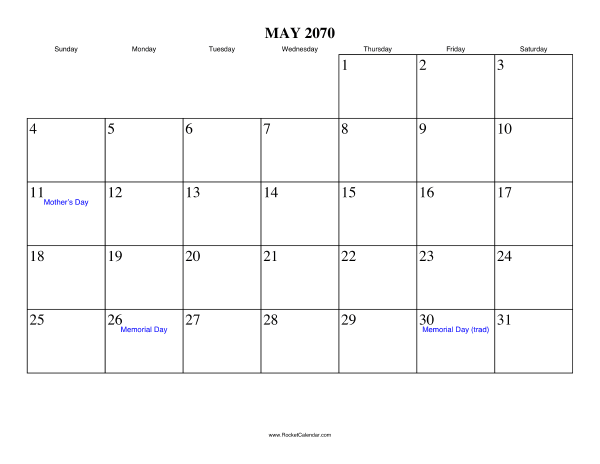 May 2070 Calendar