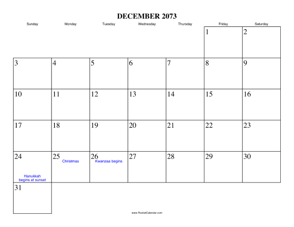 December 2073 Calendar