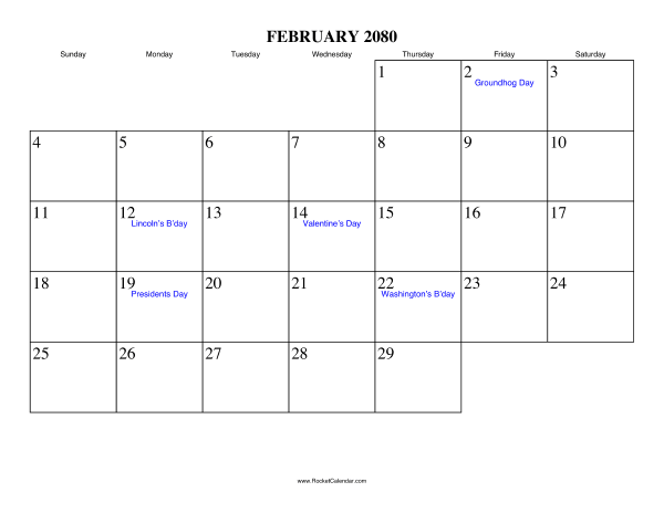 February 2080 Calendar