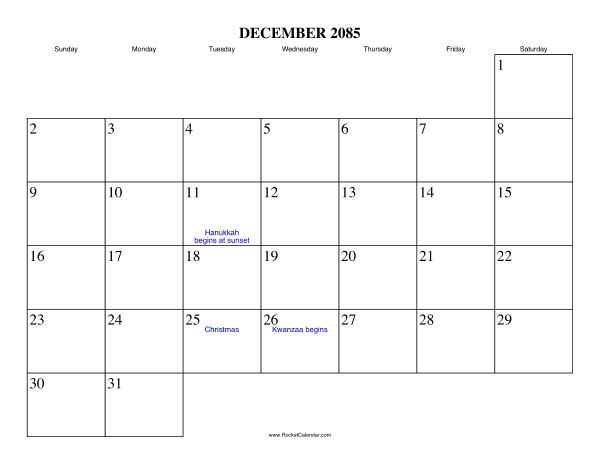 December 2085 Calendar