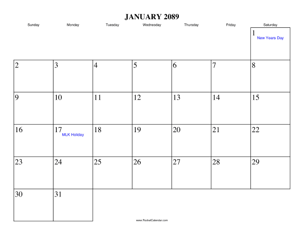 January 2089 Calendar