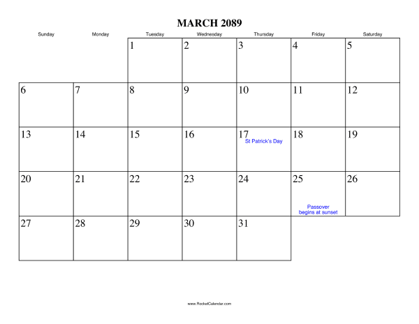 March 2089 Calendar