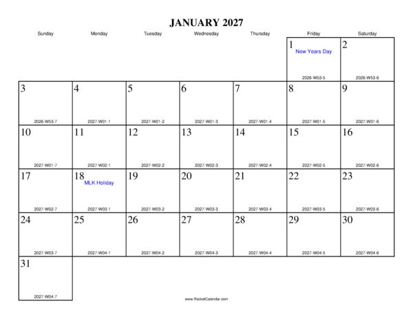 January 2027 ISO Calendar