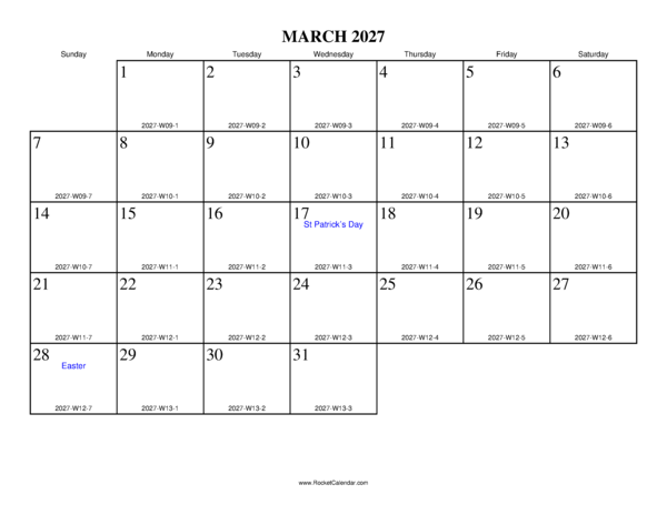 March 2027 ISO Calendar