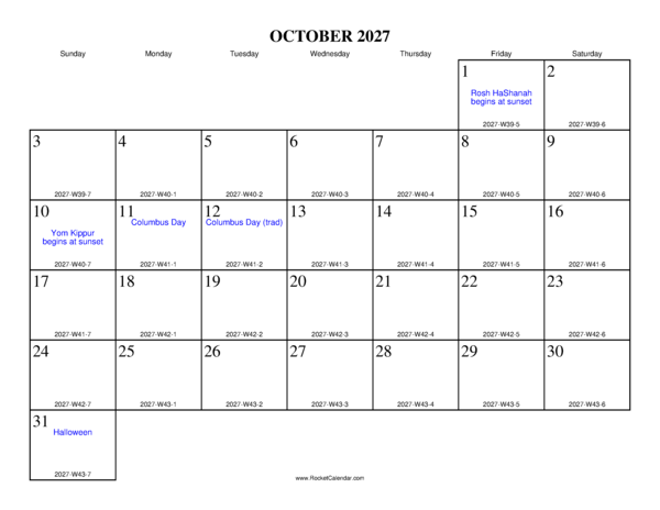 October 2027 ISO Calendar