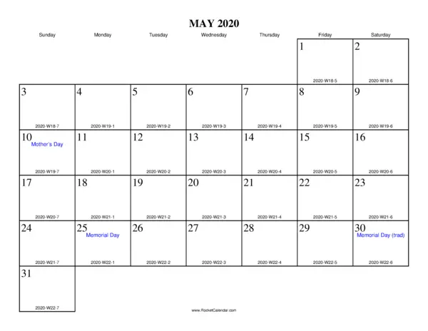 May 2020 ISO Calendar