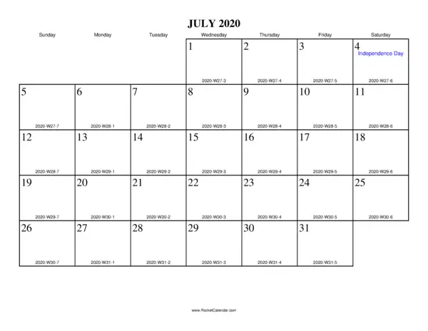 July 2020 ISO Calendar