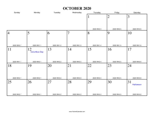 October 2020 ISO Calendar