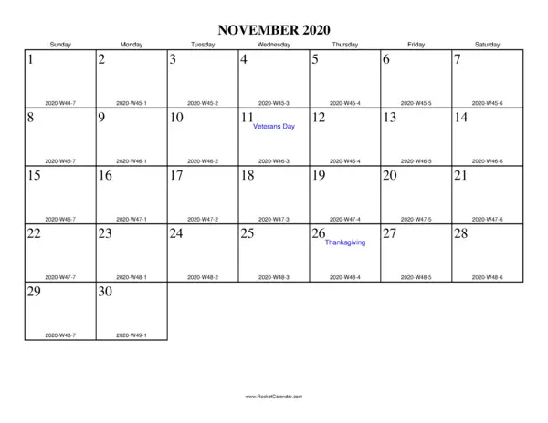 November 2020 ISO Calendar