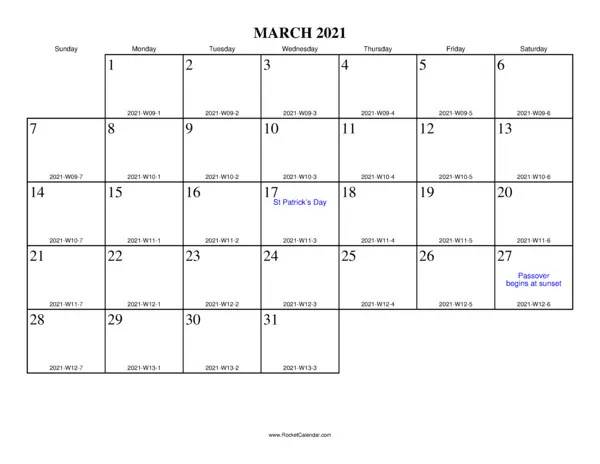 March 2021 ISO Calendar