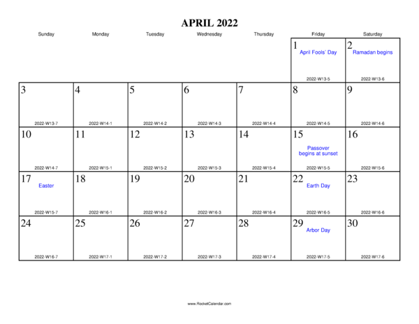 April 2022 ISO Calendar