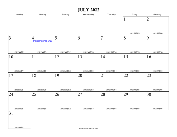 July 2022 ISO Calendar