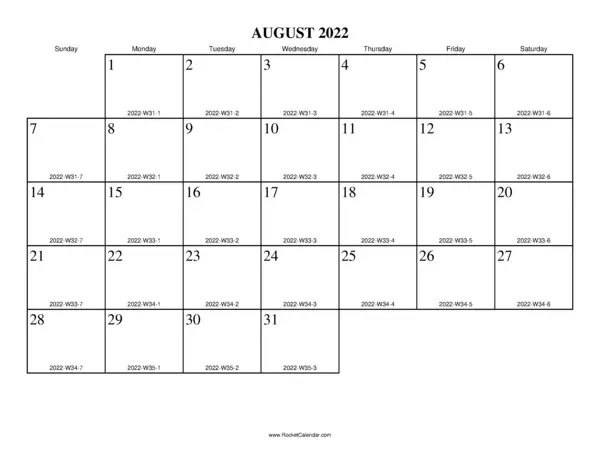 August 2022 ISO Calendar