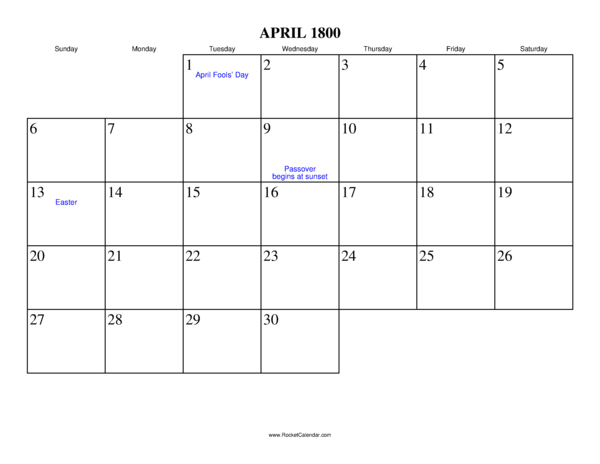 April 1800 Calendar