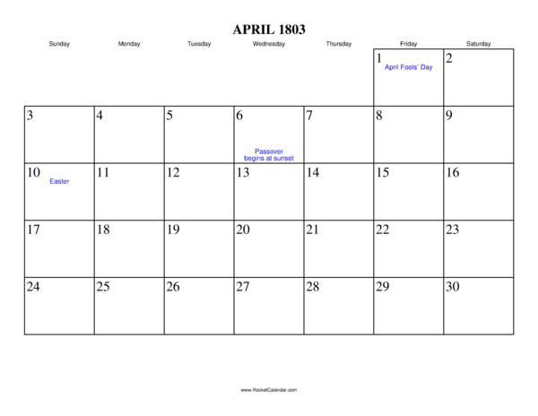 April 1803 Calendar