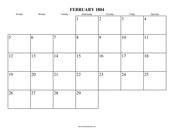 February 1804 Calendar