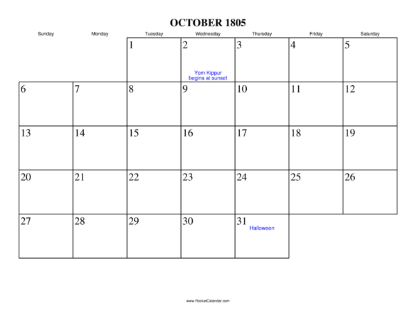 October 1805 Calendar