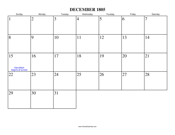 December 1805 Calendar