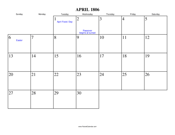April 1806 Calendar