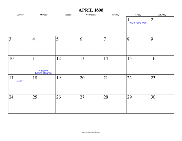 April 1808 Calendar