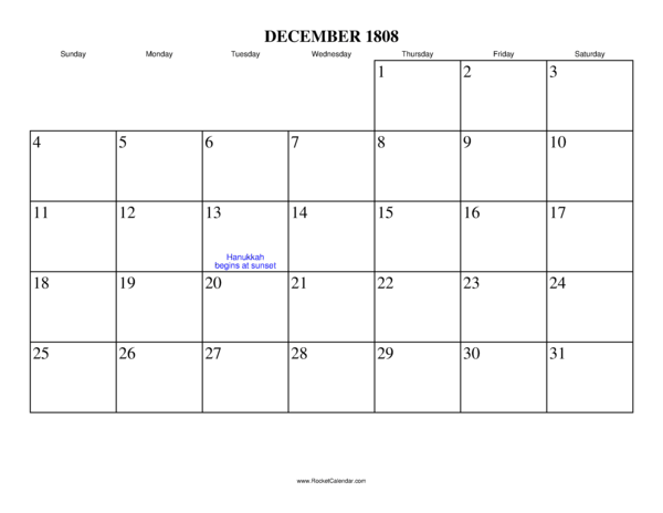 December 1808 Calendar
