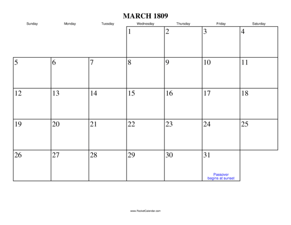 March 1809 Calendar