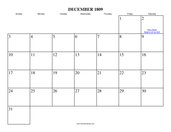December 1809 Calendar