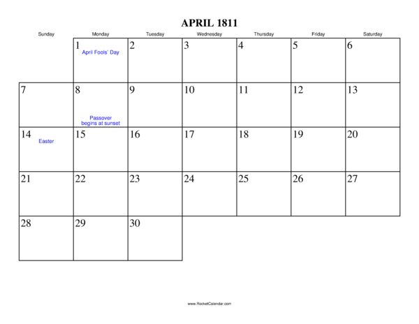 April 1811 Calendar