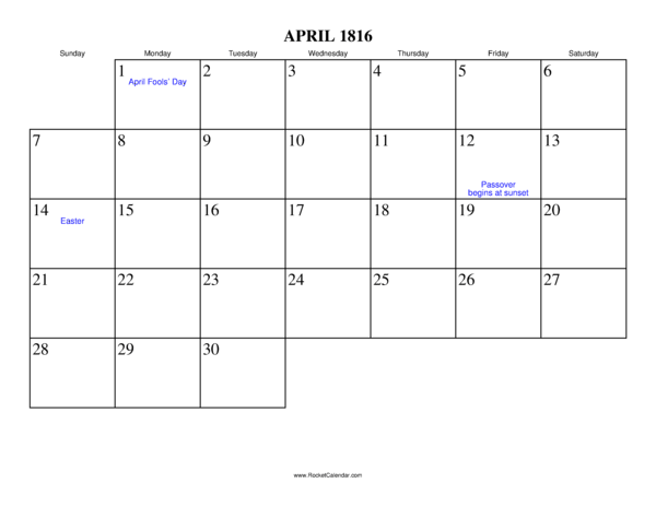April 1816 Calendar