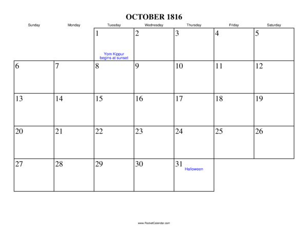 October 1816 Calendar