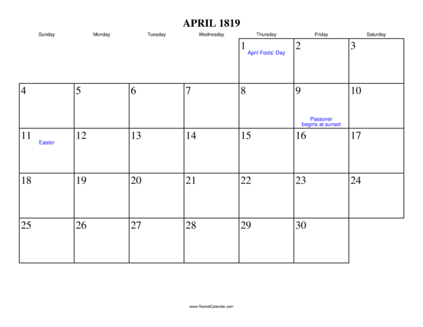 April 1819 Calendar
