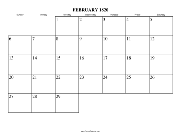 February 1820 Calendar