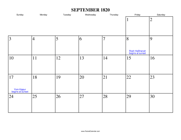September 1820 Calendar