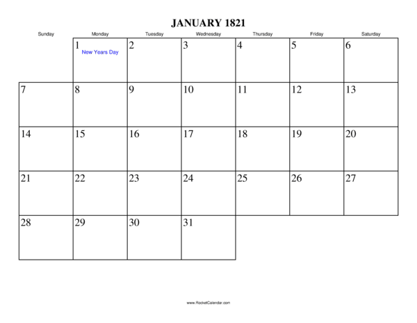January 1821 Calendar