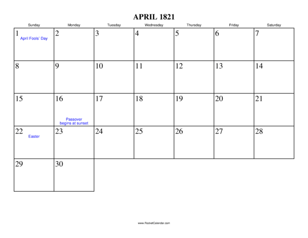April 1821 Calendar