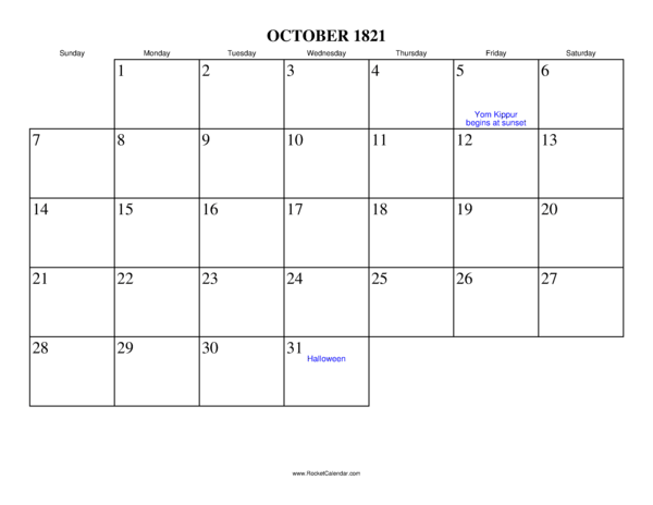 October 1821 Calendar