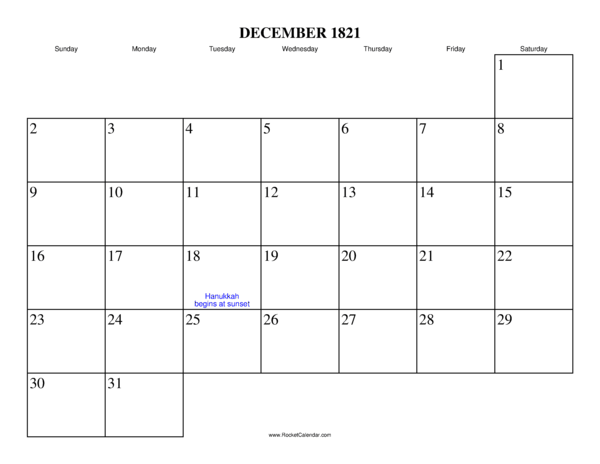 December 1821 Calendar