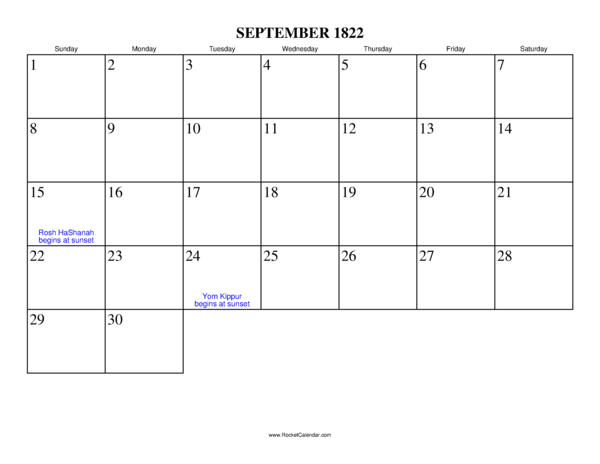 September 1822 Calendar