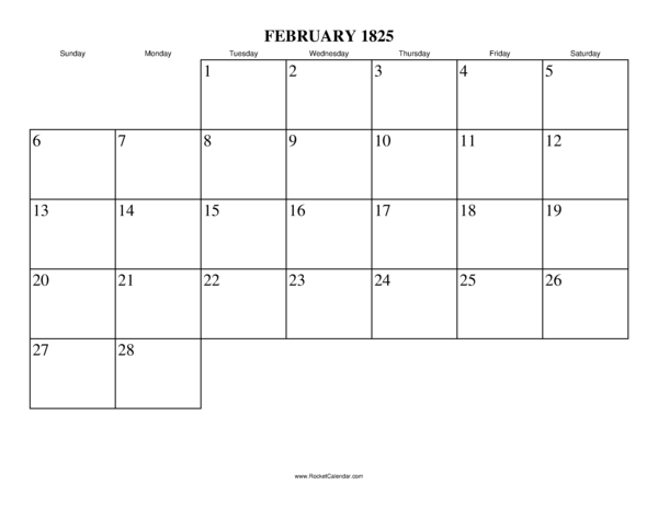 February 1825 Calendar